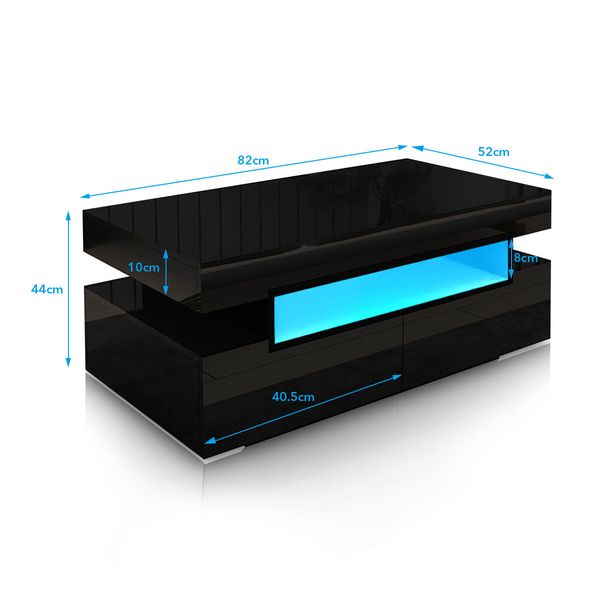 Rectangle Modern High Gloss Coffee Table 4 Drawer Storage Unit Furniture with Shelves LED Lights Black