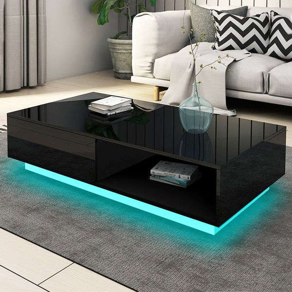 Modern Rectangle Coffee Table Living Room Storage Unit Furniture High Gloss with 1 Drawer Black 