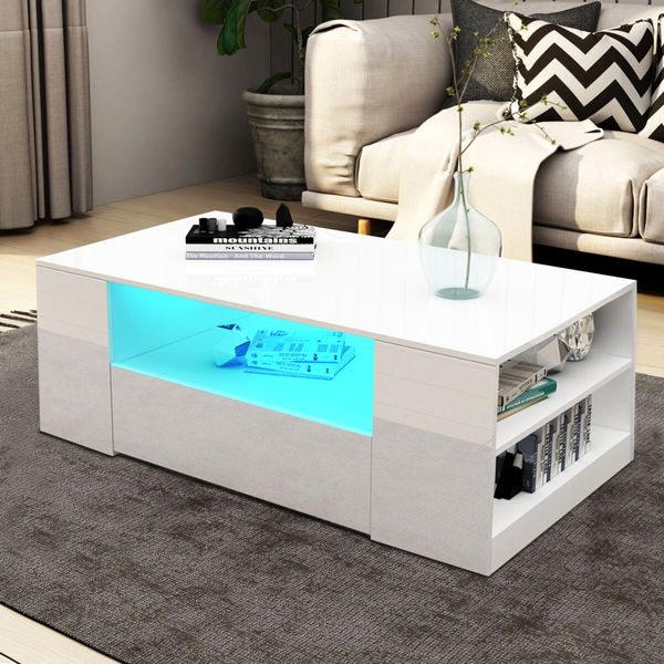 Modern White High Gloss Coffee Table Living Room Storage Furniture 2 Drawers 16 LED Colours