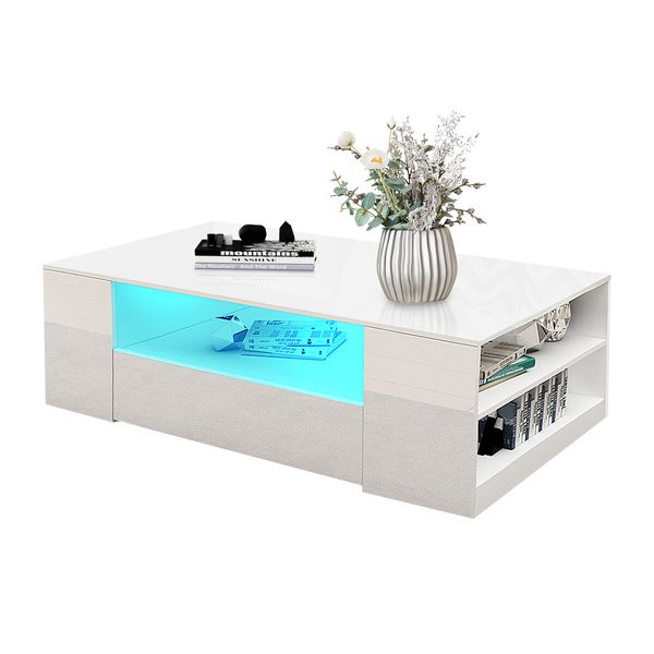 Modern White High Gloss Coffee Table Living Room Storage Furniture 2 Drawers 16 LED Colours