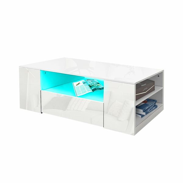 Modern White High Gloss Coffee Table Living Room Storage Furniture 2 Drawers 16 LED Colours