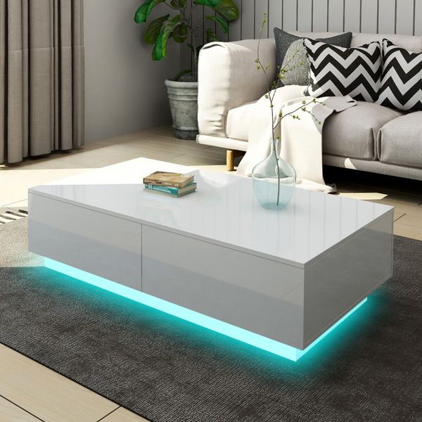 Modern White Rectangle Coffee Table Living Room Storage Furniture High Gloss 4 Drawers 16 LED Colours