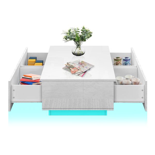 Modern White Rectangle Coffee Table Living Room Storage Furniture High Gloss 4 Drawers 16 LED Colours