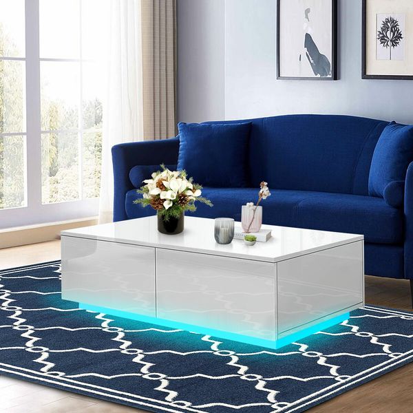 Modern White Rectangle Coffee Table Living Room Storage Furniture High Gloss 4 Drawers 16 LED Colours