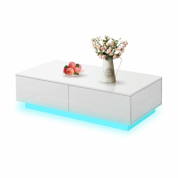 Modern White Rectangle Coffee Table Living Room Storage Furniture High Gloss 4 Drawers 16 LED Colours