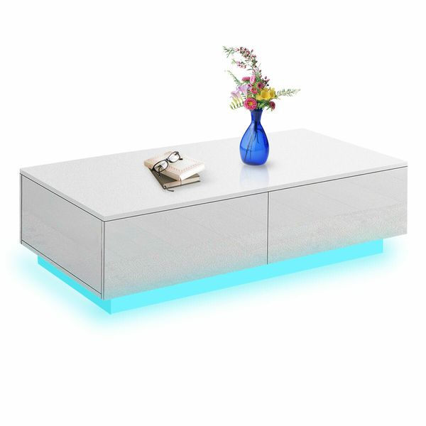 Modern White Rectangle Coffee Table Living Room Storage Furniture High Gloss 4 Drawers 16 LED Colours