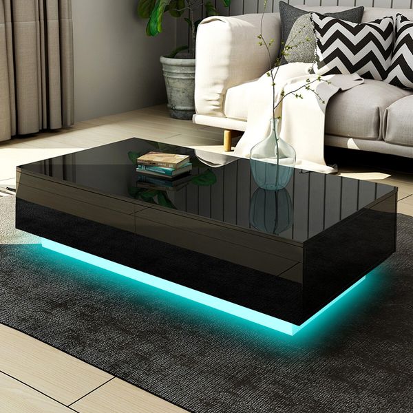 Modern Rectangle Coffee Table High Gloss Living Room Storage Furniture 4 Drawers 16 LED Colours Black