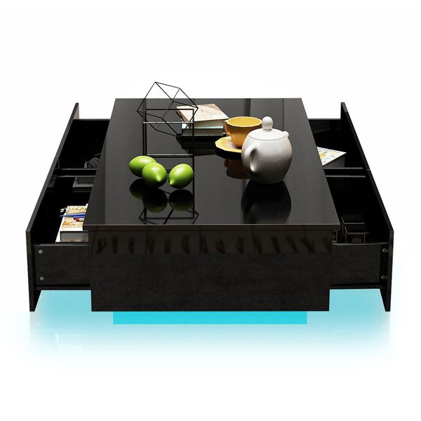 Modern Rectangle Coffee Table High Gloss Living Room Storage Furniture 4 Drawers 16 LED Colours Black