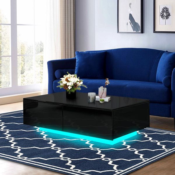 Modern Rectangle Coffee Table High Gloss Living Room Storage Furniture 4 Drawers 16 LED Colours Black