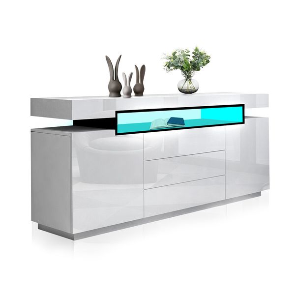 LED Sideboard Corner TV Stand Cabinet Entertainment Unit Buffet Table White High Gloss 3 Drawers