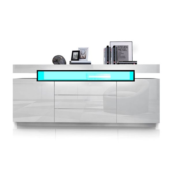 LED Sideboard Corner TV Stand Cabinet Entertainment Unit Buffet Table White High Gloss 3 Drawers