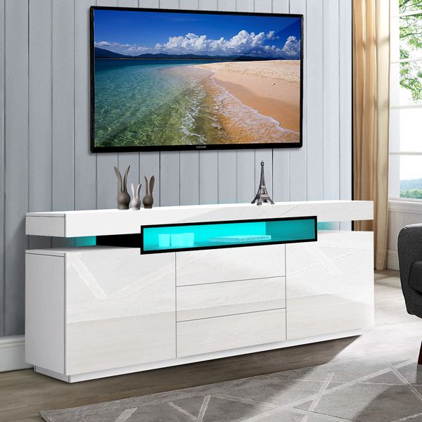 LED Sideboard Corner TV Stand Cabinet Entertainment Unit Buffet Table White High Gloss 3 Drawers