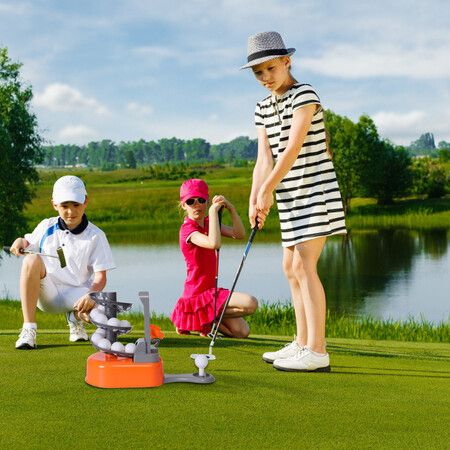 Indoor Outdoor Golf Ball Serve Children Kids Family Golf Ball Toy Practice Trainer Set Golf Automatic Serving Machine with Rod Yellow