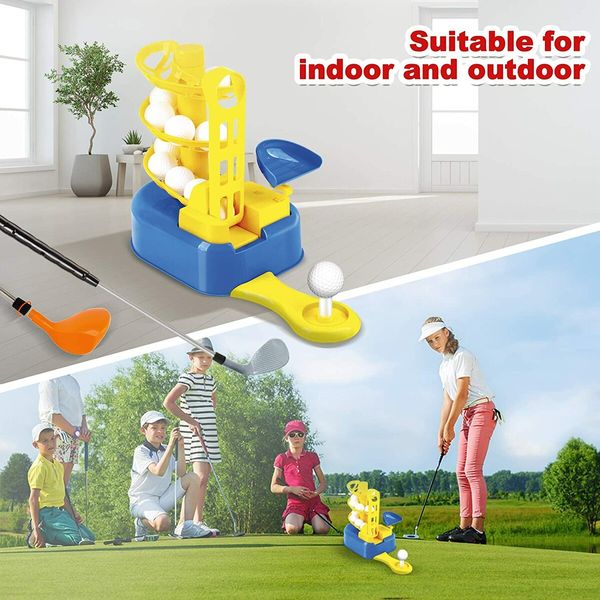 Indoor Outdoor Golf Ball Serve Children Kids Family Golf Ball Toy Practice Trainer Set Golf Automatic Serving Machine with Rod Yellow