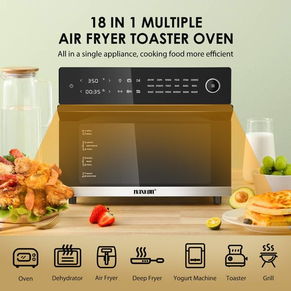 Maxkon 30L 18-In-1 Large Oil Free Air Fryer Convection Oven Cooker 1800W Dual Cook Function Black