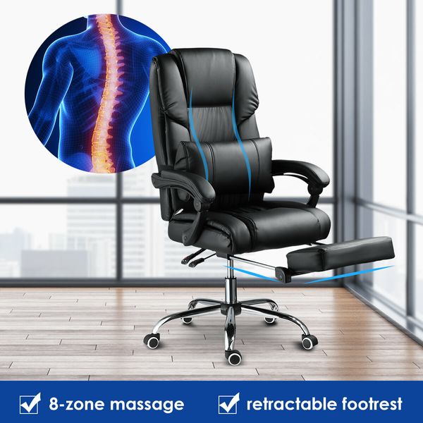 PU Leather 8-Point Massage Executive Office Chair w/ Lumbar Support Retractable Footrest