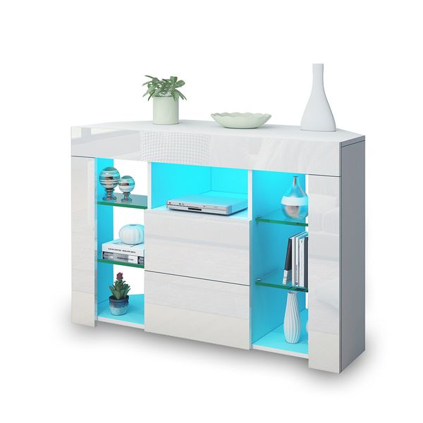 TV Cabinet LED Lighted Television Storage Unit High Gloss Front 2 Drawers Modern Furniture Console White