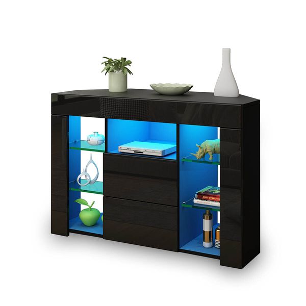 TV Cabinet Television Storage Unit 2 Drawers High Gloss Front LED Lighted Modern Furniture Console Black