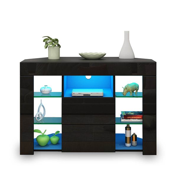 TV Cabinet Television Storage Unit 2 Drawers High Gloss Front LED Lighted Modern Furniture Console Black