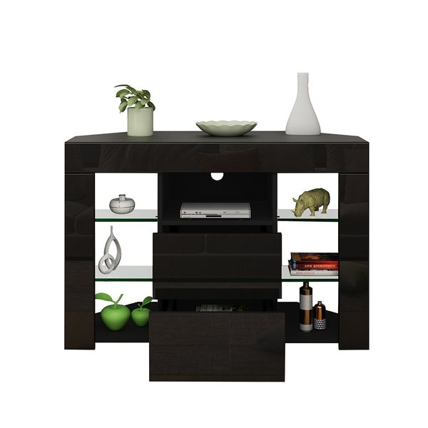 TV Cabinet Television Storage Unit 2 Drawers High Gloss Front LED Lighted Modern Furniture Console Black