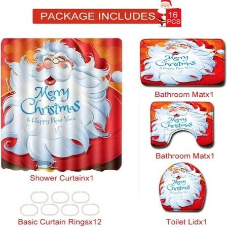 Christmas Bathroom Sets Decorations (Toilet Seat Cover, Non-Slip Bath Mat Set/Rugs, Shower Curtain), Christmas Bathroom Sets Decor with Merry Christmas