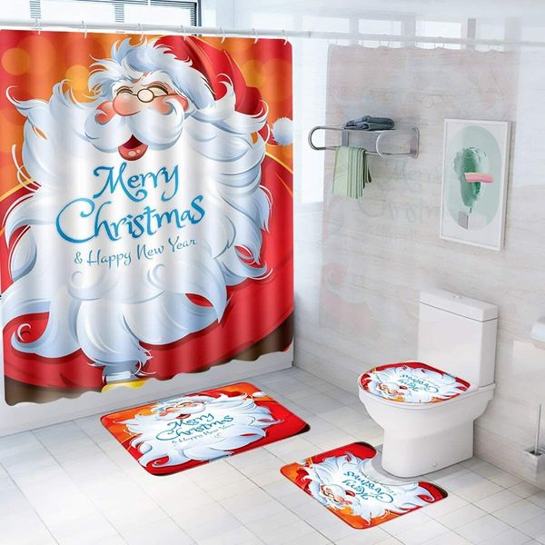 Christmas Bathroom Sets Decorations (Toilet Seat Cover, Non-Slip Bath Mat Set/Rugs, Shower Curtain), Christmas Bathroom Sets Decor with Merry Christmas