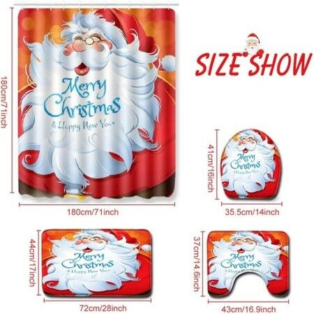 Christmas Bathroom Sets Decorations (Toilet Seat Cover, Non-Slip Bath Mat Set/Rugs, Shower Curtain), Christmas Bathroom Sets Decor with Merry Christmas