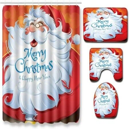 Christmas Bathroom Sets Decorations (Toilet Seat Cover, Non-Slip Bath Mat Set/Rugs, Shower Curtain), Christmas Bathroom Sets Decor with Merry Christmas