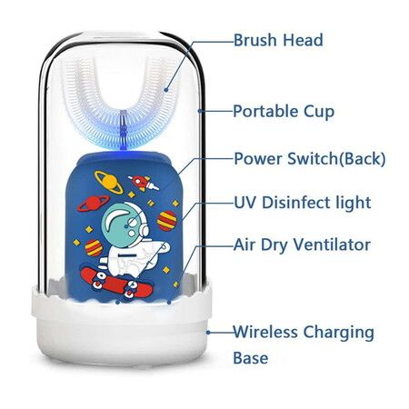 Kids Toothbrush Electric U Shape Ultrasonic with Wireless Rechargeable Base Rinse Cup for 2-6 Children