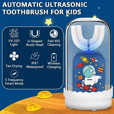 Kids Toothbrush Electric U Shape Ultrasonic with Wireless Rechargeable Base Rinse Cup for 2-6 Children