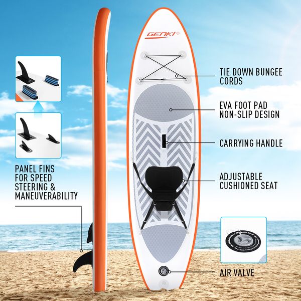 GENKI Stand Up Paddle Board Inflatable SUP Surfboard Kayak with Seat Orange