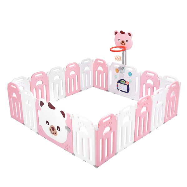 Baby Playpen Kids Fence Safety Gate Child Activity Centre Enclosure Barrier Toddler Play Room Yard Foldable Bear Design 18 Panels