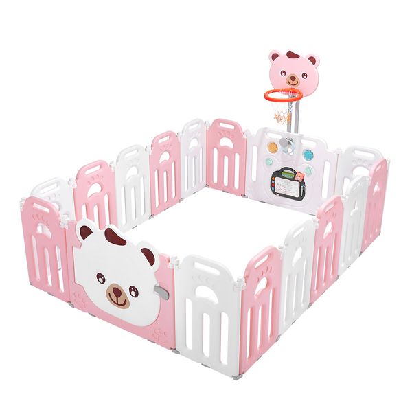 Baby Playpen Kids Safety Gate Barrier Child Activity Centre Fence Enclosure Toddler Play Room Yard Foldable Bear Design 16 Panels