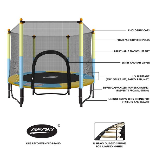 60" 36-Spring Mini Jumping Trampoline W/Safety 1.25M Enclosure, Max 80Kg