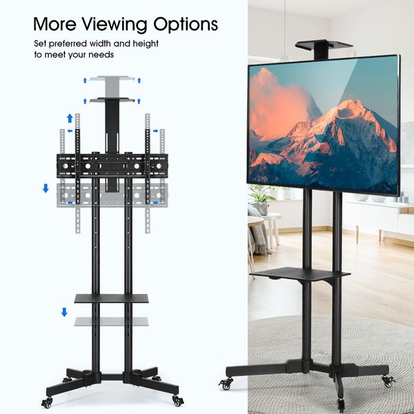 32 to 65 Inch Mobile TV Floor Stand Freestanding Television Bracket Swivel TV Mount with Shelf