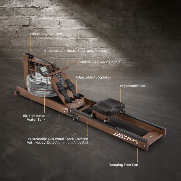 GENKI Foldable Wooden Water Rower Rowing Machine LCD Monitor Water Resistance