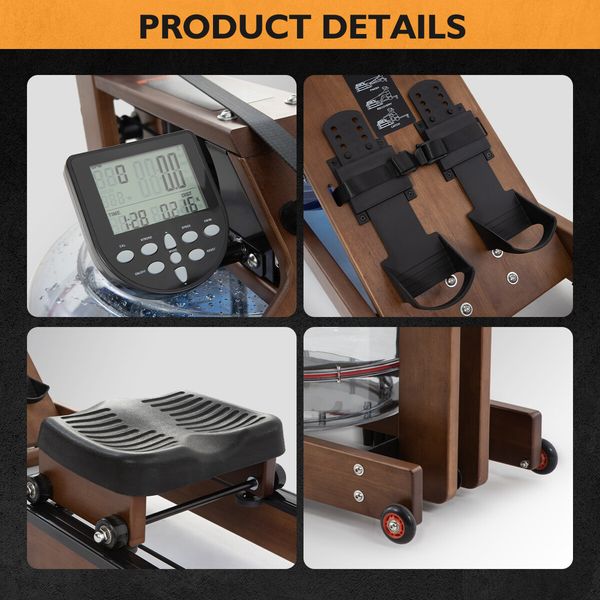 GENKI Foldable Wooden Water Rower Rowing Machine LCD Monitor Water Resistance