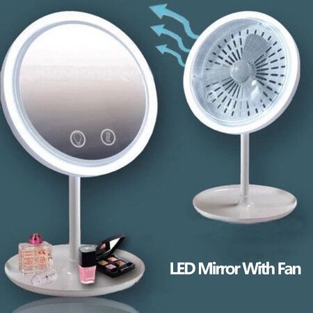 Makeup Mirror With Fan Storage LED Light Face Mirror Adjustable Touch Dimmer USB Led Vanity Backlit Mirror Table Cosmetic Mirror