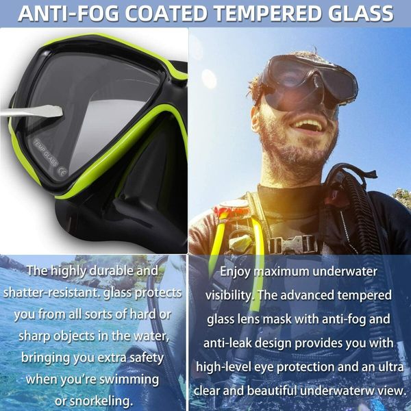 Dry Top Snorkel Set - Anti Fog Film Snorkeling Mask with 180 Degree Panoramic Tempered Glass for Adults and Youth