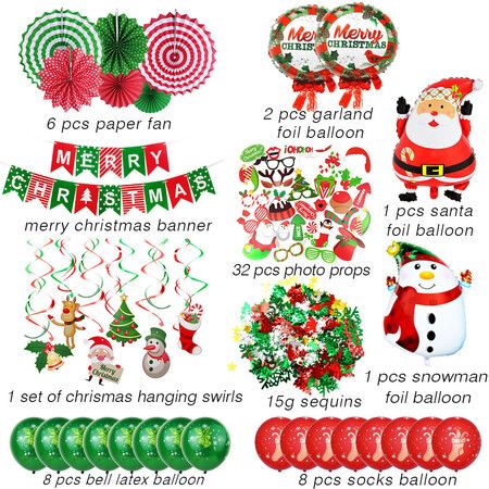 Christmas Decorations Balloon Arch Garland Kit Including Merry Christmas Banner, Santa Claus, Snowman, Christmas Tree, Stars