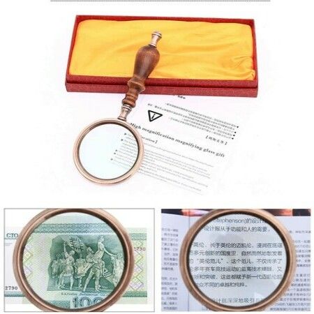 10X Vintage Handheld Copper Magnifying Glass with Wooden Handle Best Reading Magnifier for Collection Elderly Reading