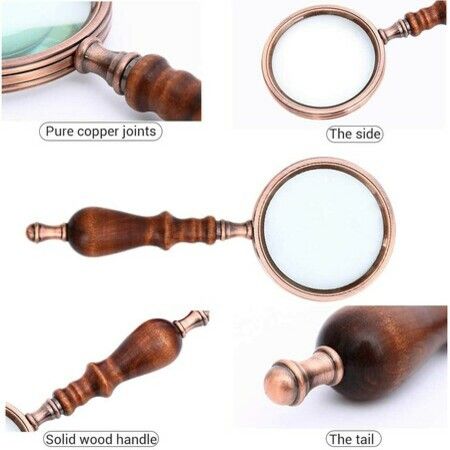 10X Vintage Handheld Copper Magnifying Glass with Wooden Handle Best Reading Magnifier for Collection Elderly Reading