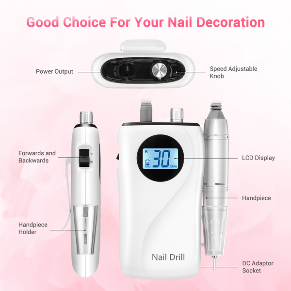 Electric Nail Drill File Buffer Manicure Machine Set Portable Rechargeable 30000RPM 35W