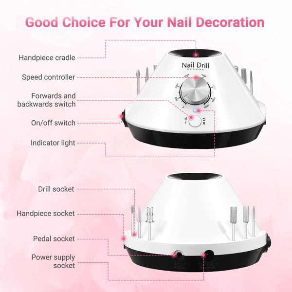 Nail Drill File Buffer Electric Professional Manicure Machine Set Portable 30000RPM 35W