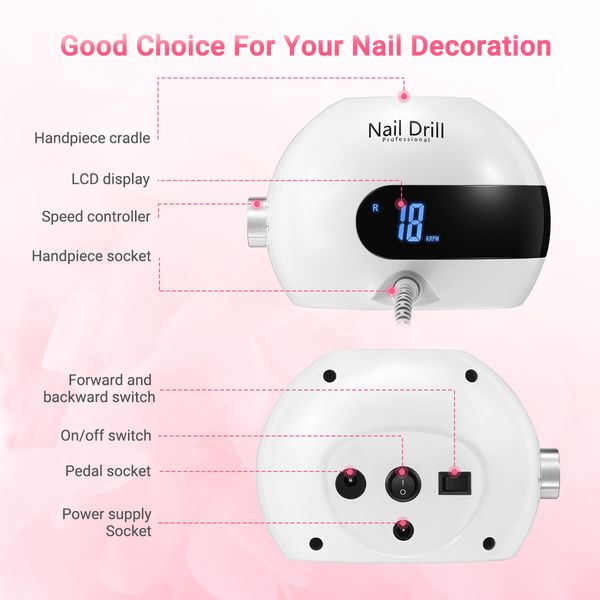 Nail Drill File Buffer Professional Portable Electric Manicure Machine Set 30000RPM 35W