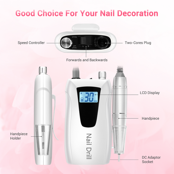 Nail Drill File Buffer Electric Manicure Machine Set Portable Rechargeable 30000RPM 35W