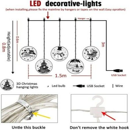 Christmas String Lights LED Decorative Novelty Hanging 3D Lights with USB for Indoor Outdoor Pathway Walkway Patio Decorations 9.8 Feet, Warm White