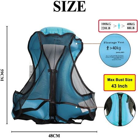 Float Vest Jackets Buoyancy Aid Inflatable Swimming Floatation Jacket Snorkel Vest 40-100kg Size 4-22 Adult for Kayak Canoeing