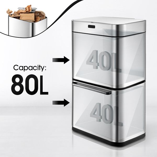 80L Dual Rubbish Bin Sensor Recycling Kitchen Waste Trash Garbage Can Stainless Steel Silver