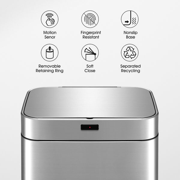 80L Dual Rubbish Bin Sensor Recycling Kitchen Waste Trash Garbage Can Stainless Steel Silver